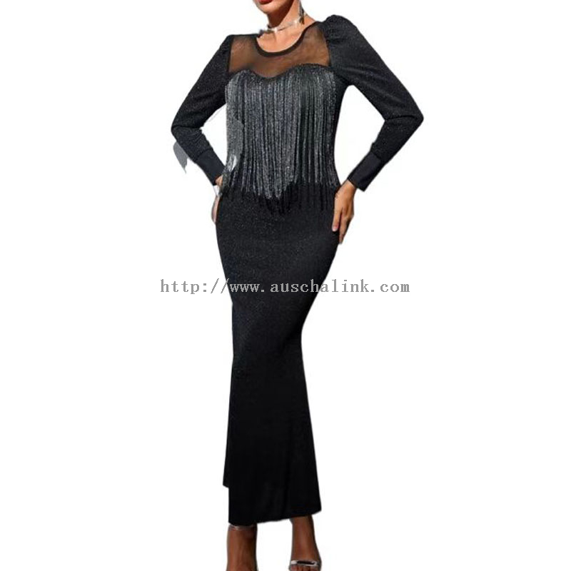 Midi Evening Dresses - 2022 New Design Contrasting Color Mesh Fringed Trim Sequins Sexy Evening Dress for Women – Auschalink