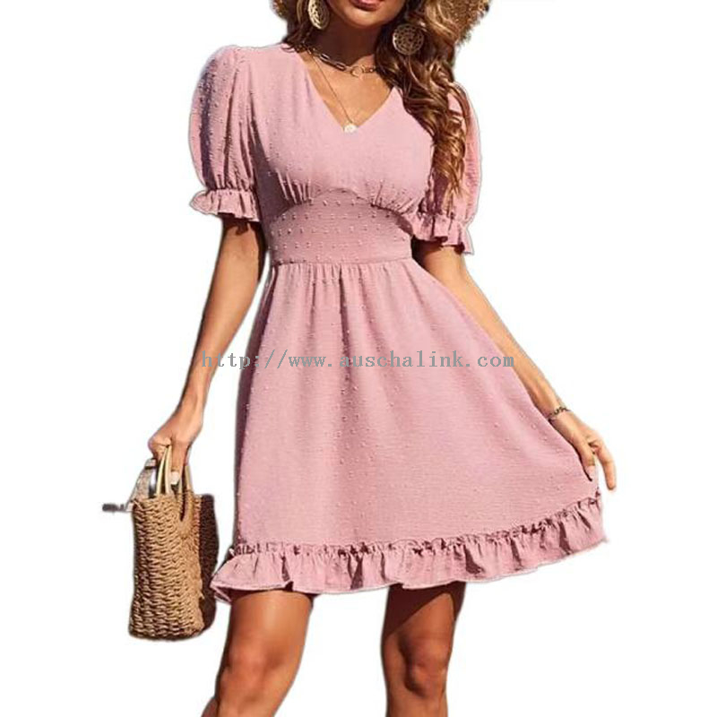 Custom Made Dresses - Summer New V-neck Swiss Polka Dot Bubble Sleeve Flounces Hem Casual Dress Women – Auschalink