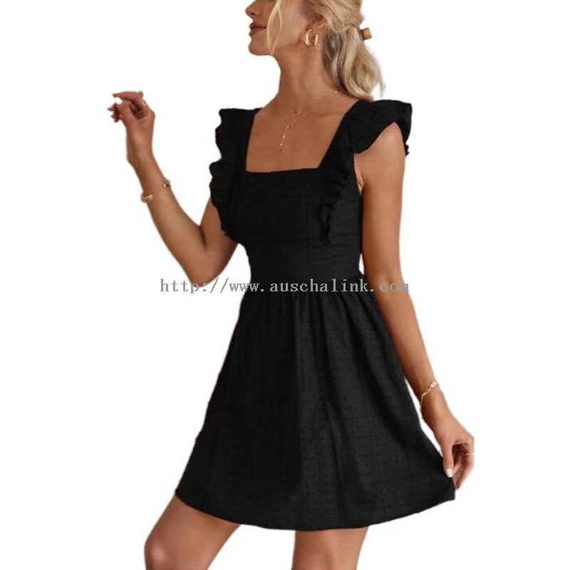 Black Jacquard Square Neck Polka Dot Backless Dress