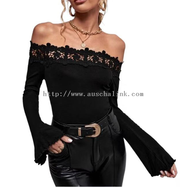 Good Quality Cropped Tank Top Workout - New Design Contrast Guipure Lace Off Shoulder Lettuce Trim Trumpet Sleeve Tee for Women – Auschalink