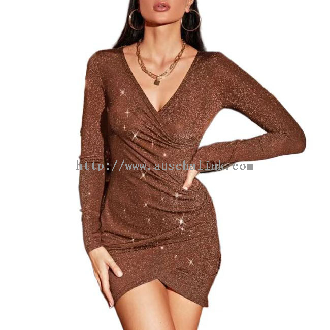 Brown Sequin Sexy V-Neck Mini Dress