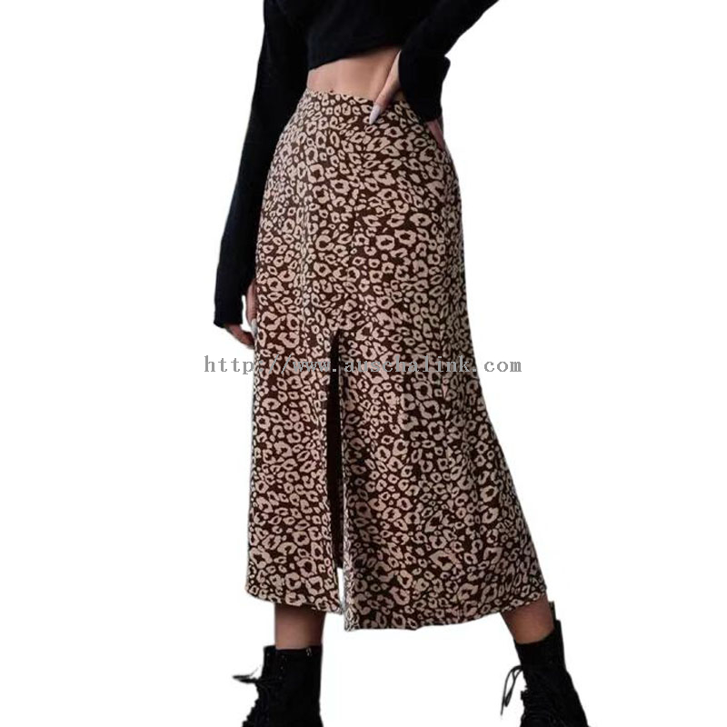 Brown Leopard Print Chiffon Slit Midi Skirt