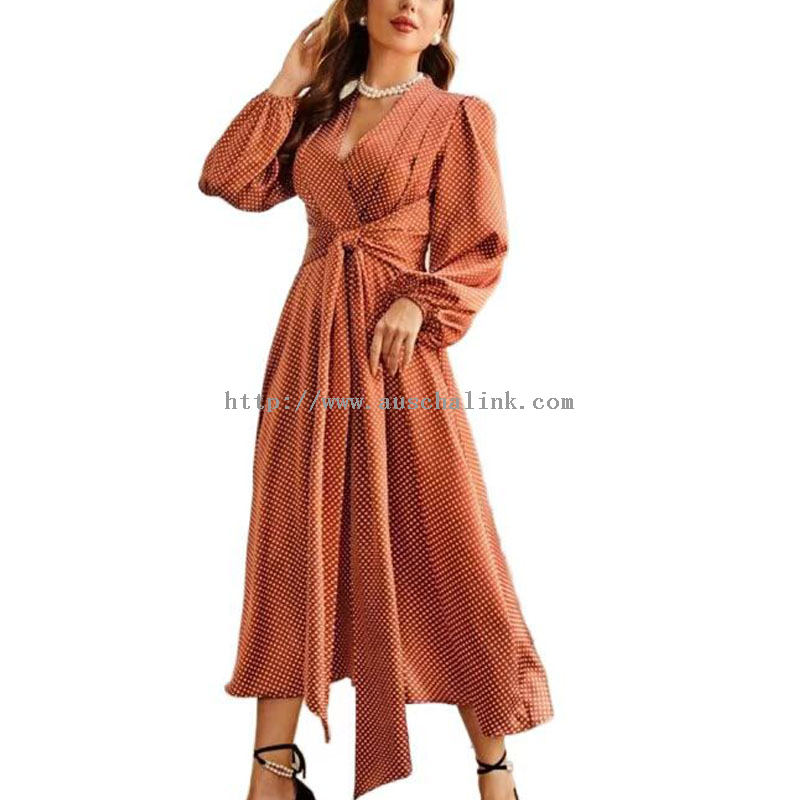 Ladies Dresses Wholesale - OEM/ODM Polka Dot Lantern Sleeve V Bow Tie Trim Front Casual Elegant Dress for Women – Auschalink
