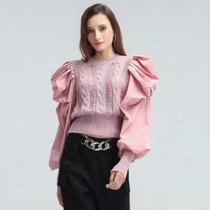 O Neck Puff Sleeve Pink Sweater Tops