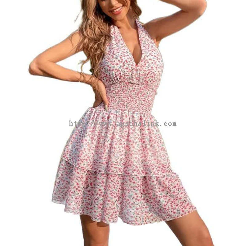 Pink Sexy Halter Neck Floral Casual Dress