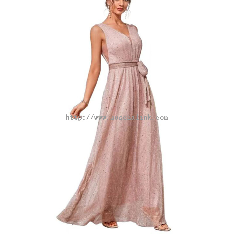 Pink V-Neck Slit Maxi Sequin Belt Dress