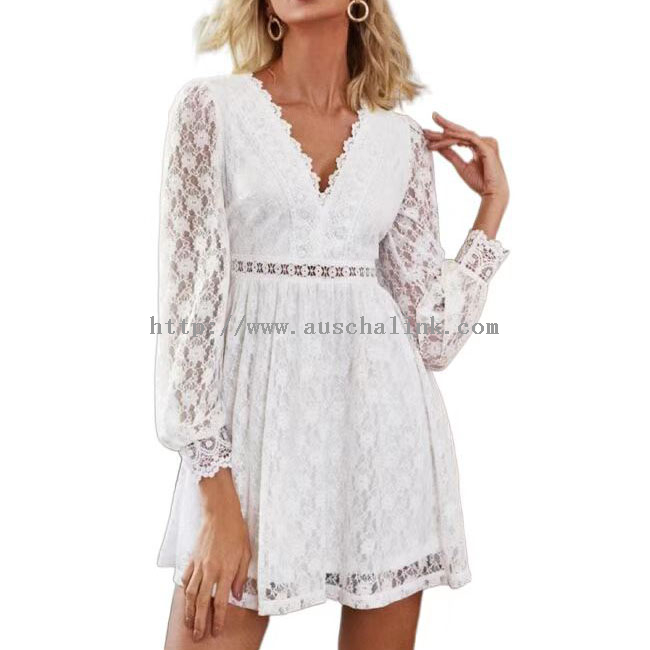 White Lace V-Neck Long Sleeve Elegant Dress
