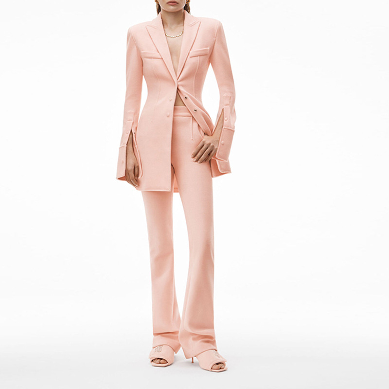 Chinese wholesale Party Wear Suits For Women - Blazer + High Waist Long Simple Flared Pants Light Pink Pants Suit – Auschalink