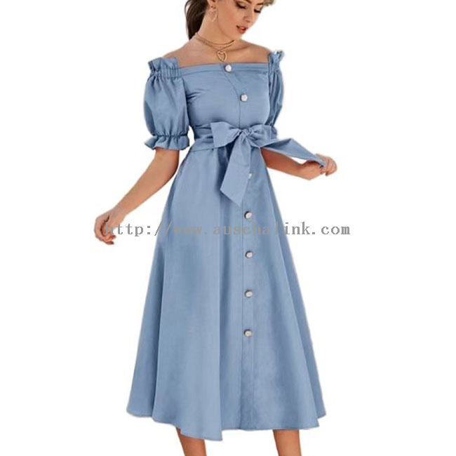 Sky Blue Button Bow Elegant Strapless Casual Dress