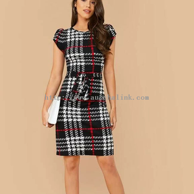 OEM China Club Dresses - Spring And Summer New Round Collar Bubble Sleeve Plaid Belted Waist Mini Career Dress Women – Auschalink