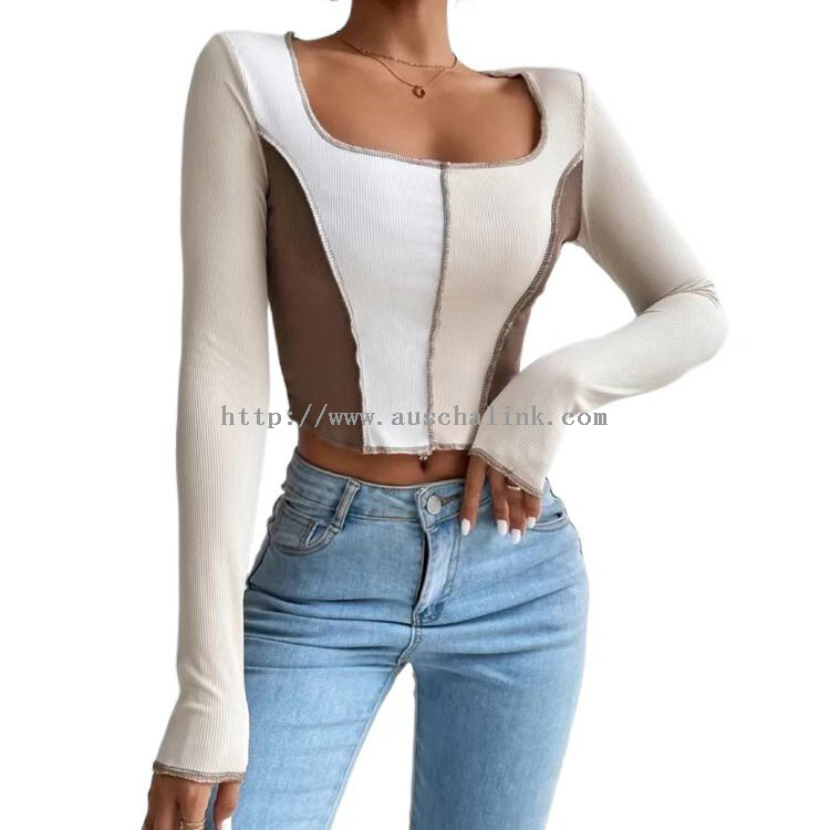 Sexy Long Sleeve Knitted Top In Patchwork Colours