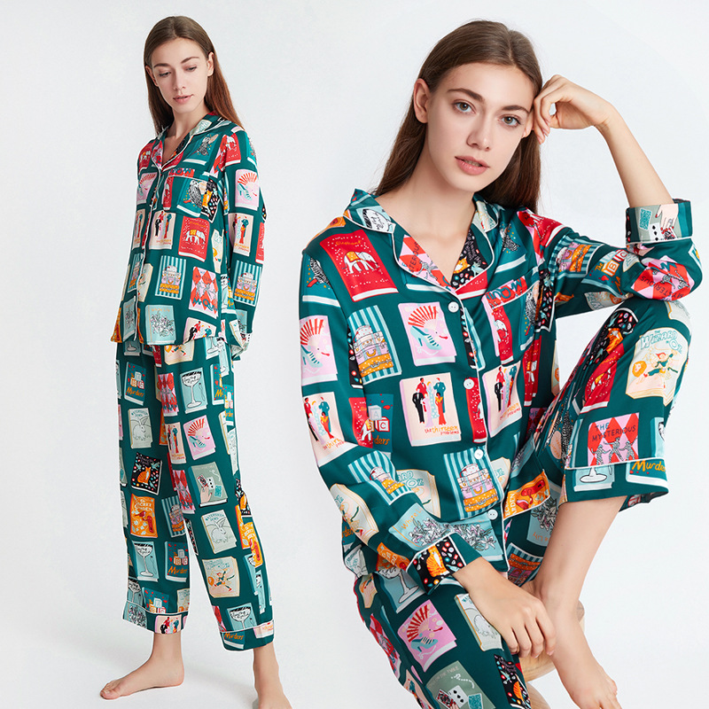 Custom Printed Satin Suit Collar Pajamas Loungewear
