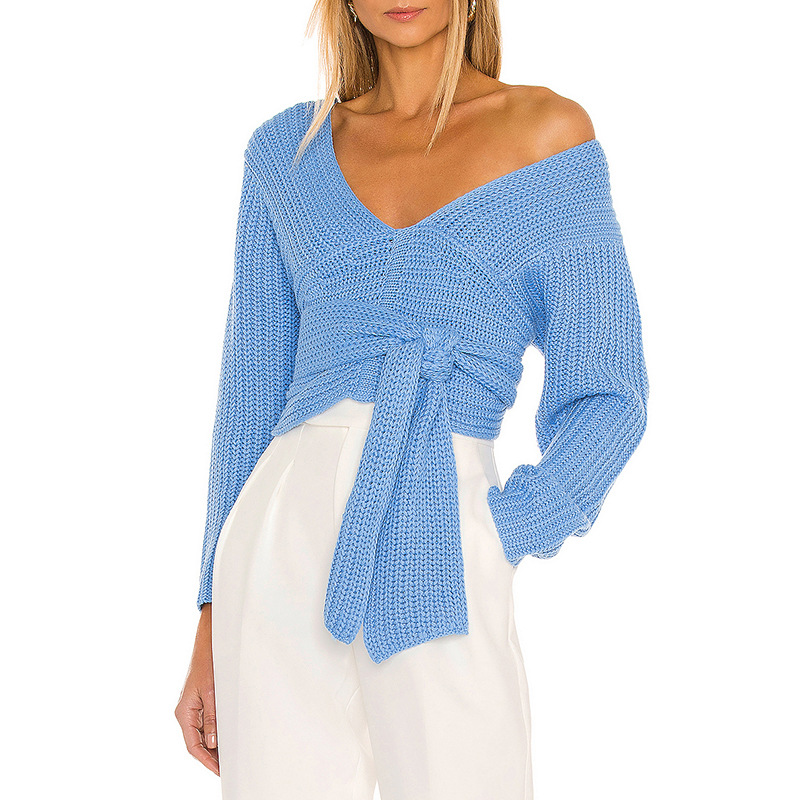 Winter V-Neck Tie Backless Cropped Knit Sweater