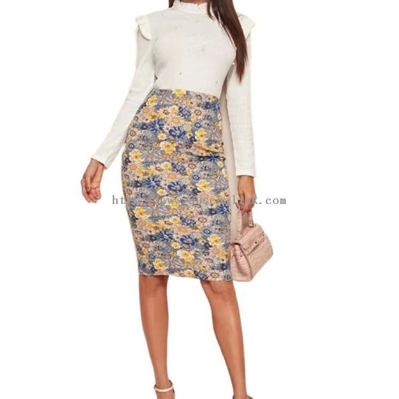 Multi Color Floral Pencil Career Tight Skirt