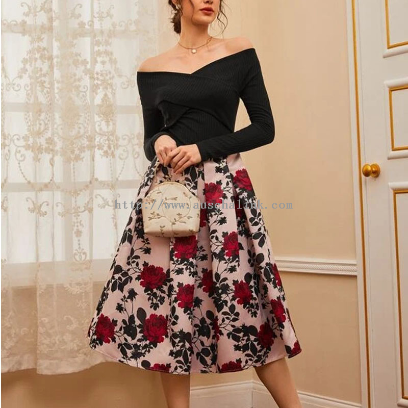 OEM/ODM China Fashion Designer Dresses - 2022 Fashion Floral Stitching Shoulder Pleated Skirt High-waisted Bell Elegant Dress for Women – Auschalink