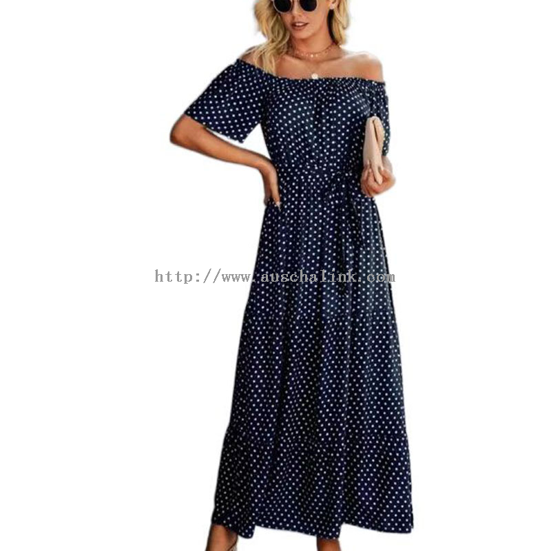 Navy Blue Strapless Chiffon Polka Dot Maxi Dress
