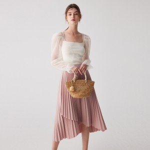 Pink Elegant Pleated A-Line Skirt High Waist