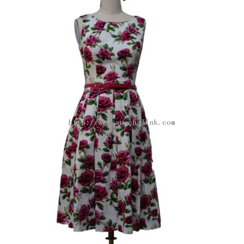 Rose Print Elegant Sleeveless Belted Dress