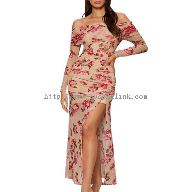 Floral Print Mesh Slit Strapless Maxi Bodycon Dress