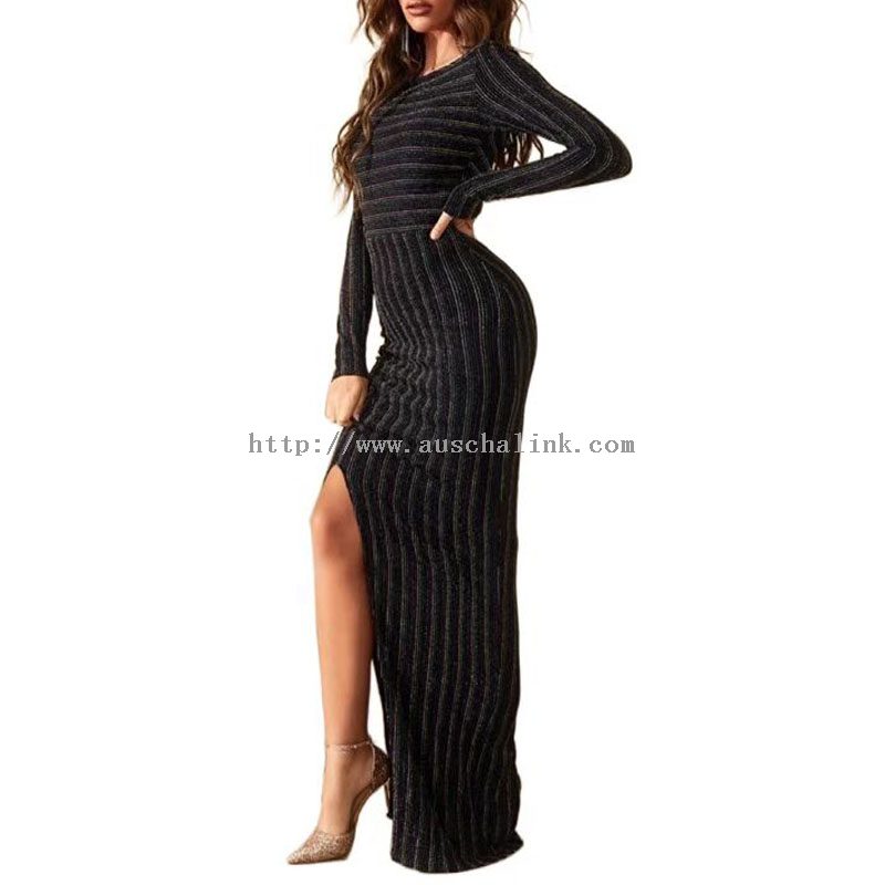 Long Sleeve Round Neck Striped Slit Sexy Dress