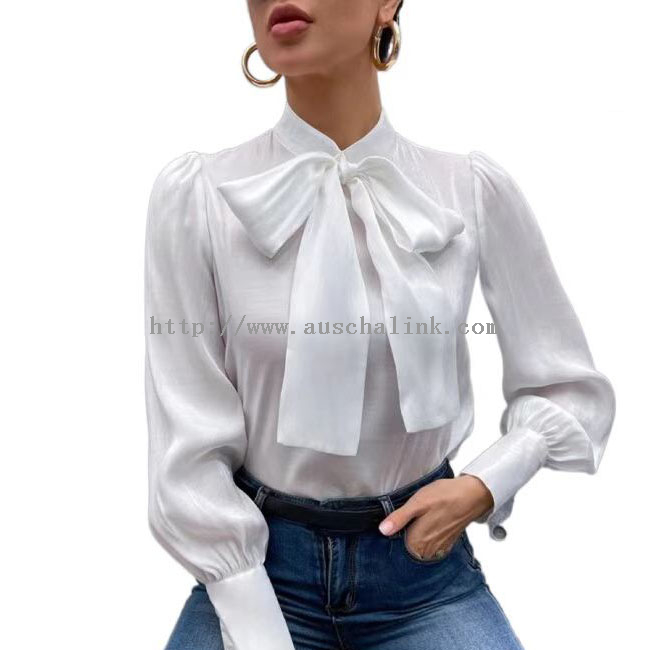 White Chiffon Bow Long Sleeve Casual Blouse Top