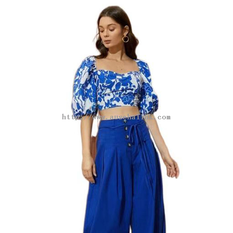 Blue Printed Square Neck Puff Sleeve Backless Top Blouse
