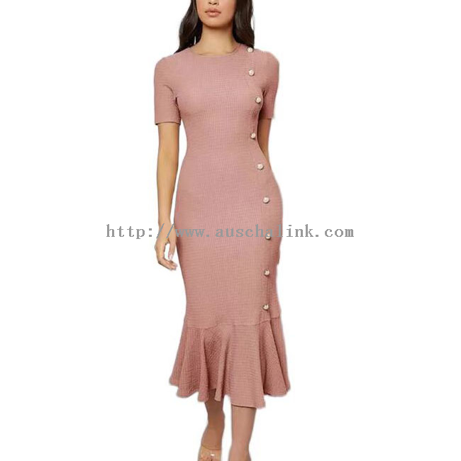 Pink Knitted Tight Fitting Short Sleeve Fishtail Midi Dress