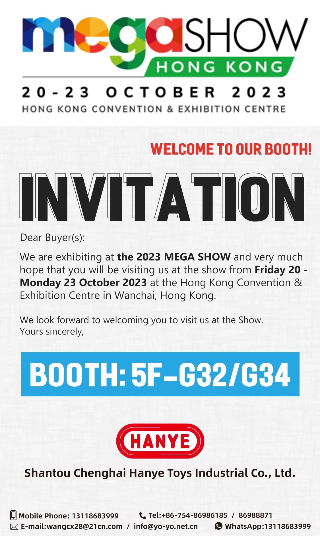 Welcome to meet us in HONG KONG MEGA SHOW next Month