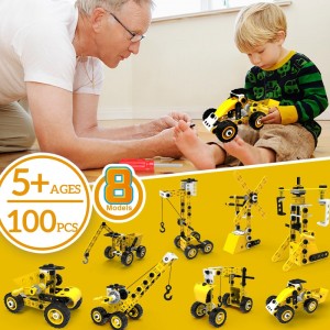 100PCS 8 Dalam 1 Ambil Asing Mainan Kenderaan Kejuruteraan Mainan Trak Pembinaan Skru dan Nat Dipasang Set Kit Bangunan DIY Untuk Kanak-kanak Lelaki