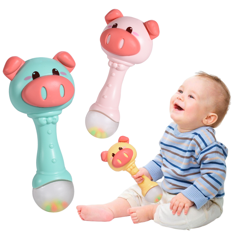 Educazione di l'infanzia Porcu Cartoon Striking Hand Bell Campana Noisy Maker Kids Vision Audit Development Plastic Teether Rattle Toys for Baby