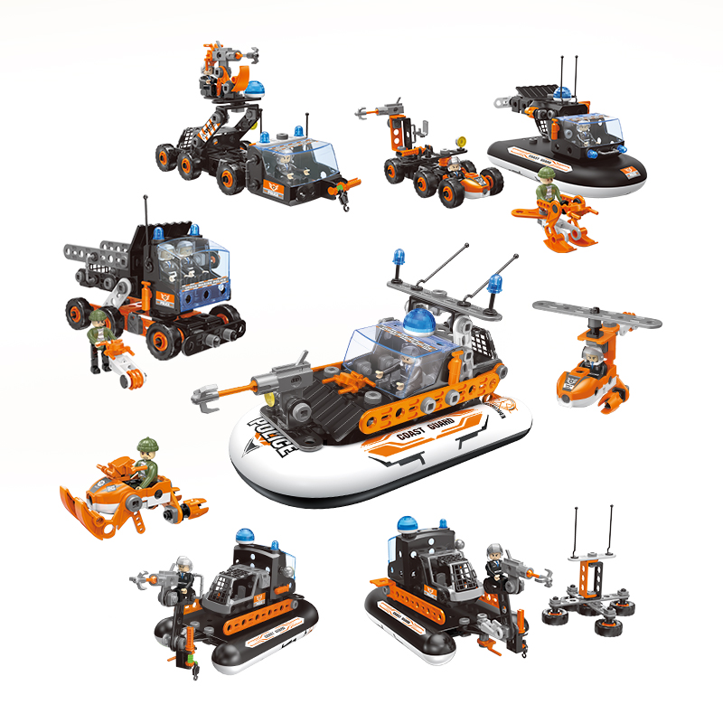 172pcs City Coast Guard Building Block Set STEAM DIY Screws Nuts Assembly Truck Helicopter Boat Construction Toys for Kids
