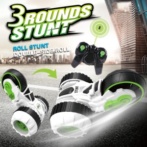 USB Rechargeable 3 Rounds Battery Operated Remote Control Flip Tricycle Cool Rc Rolling Stunt Car Toy for Kids Boys Gift