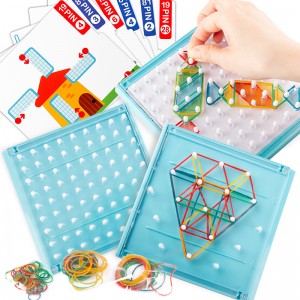 Montessori pedagogisk pinnebrett for barn Matematisk grafisk geoboard STEM leketøy med 60 mønsterkort og 100 lateksbånd