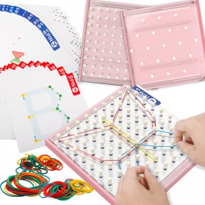 Child Montessori Educational Peg Board Kids Mathematical Graphical Geoboard STEM Toy with 60 Pattern Cards and 100 Latex Bands