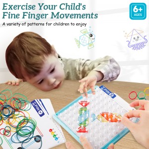 Montessori pedagogisk pinnebrett for barn Matematisk grafisk geoboard STEM leketøy med 60 mønsterkort og 100 lateksbånd