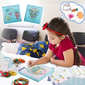 ကလေး Montessori Educational Peg Board ကလေးသင်္ချာ ဂရပ်ဖစ် Geoboard STEM အရုပ် 60 Pattern Card နှင့် 100 Latex Bands