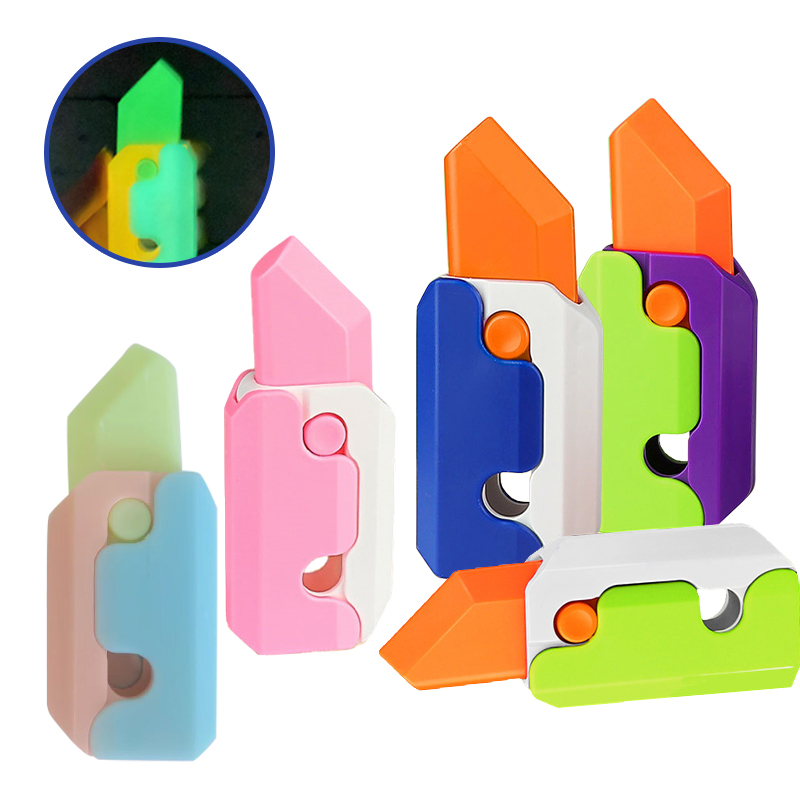 Xoguetes sensoriais de Fidget brillantes para adultos, cuchillo retráctil de plástico para cenoria, accesorio para aliviar el estrés, cuchillo de rábano de gravidade impreso en 3D