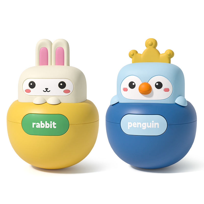 Montessori kousátko na bříško wobbler hračky zvířátko Roly-poly hračka pro kojence Roztomilá kreslená hračka silikonový králík/tučňák