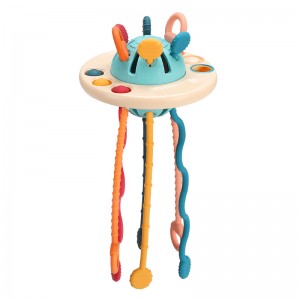 Mainan Sensorik Montessori Interaktif Penarik Piring Terbang UFO Tali Tumbuh Gigi Bayi Silikon Terlaris untuk Bayi 6-12 Bulan