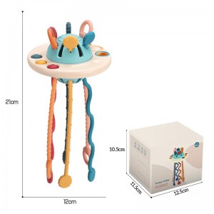 ខ្សែធ្មេញទារកស៊ីលីកូនលក់ដាច់បំផុត UFO Flying Saucer Puller Interactive Montessori Sensory Toys for Baby 6-12 months