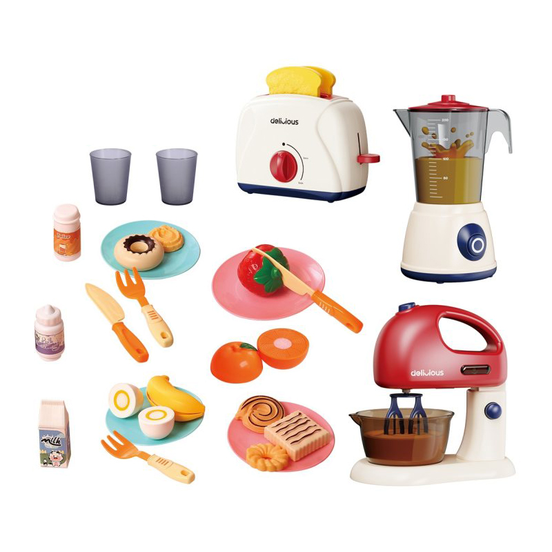 Kids Kitchen Appliance Set Toy Toaster Juicer Egg Beater Toy with Simulated Tableware & Food Accessories