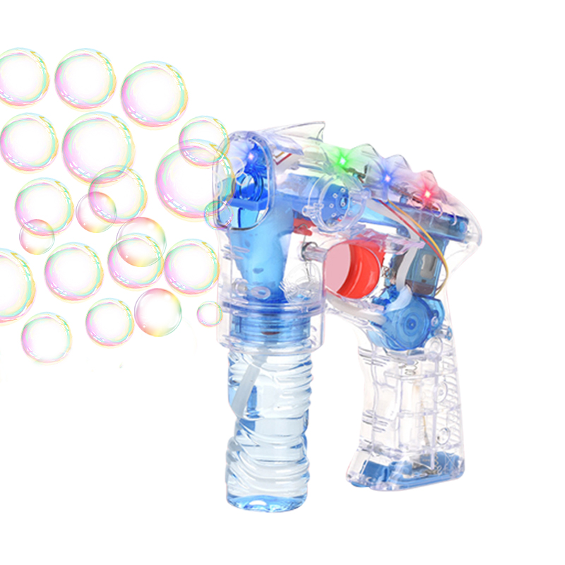 နွေရာသီ ပြင်ပဘက်ထရီ လည်ပတ်အလင်းရောင်ဖြင့် ဖောက်ထွင်းမြင်ရသော Space Bubble Blower Gun Kids ပုလင်းဖြေရှင်းချက်ဖြင့် အလိုအလျောက် Bubble Gun