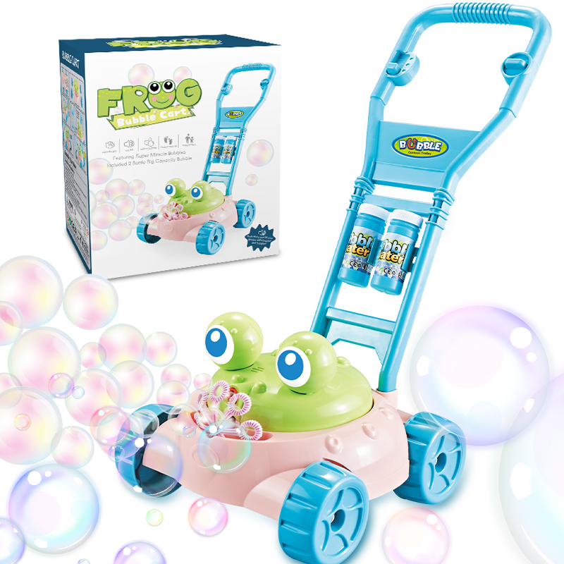 Nová kreslená žába sekačka na trávu Bublinový vozík Juguetes De Burbujas Letní venkovní elektrický hudební stroj na výrobu bublinek Hračky pro děti