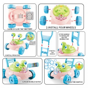Նոր մուլտֆիլմ Frog Lawn Mower Bubble Cart Juguetes De Burbujas Ամառային բացօթյա էլեկտրական երաժշտական ​​պղպջակների մեքենայի խաղալիքներ երեխաների համար