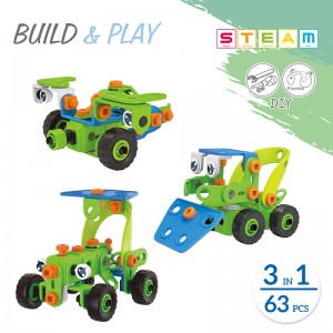 63PCS 3 in 1 STEM Creative Self Assembly Truck 3D Novelty Shapes Construction Play Kit IQ Development Screw Building Blocks Toy