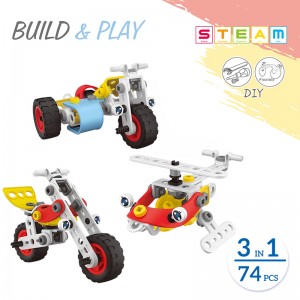 74ks Dětské DIY 3 v 1 Flexibilní stavební helikoptéra Hrací sada pro motocykly Sada inteligentních stavebnic Model hračka pro děti