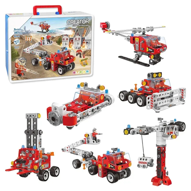 187PCS STEM Screw Nut Assembling Fire Fighting Vehicle Helicopter Toys Educational Fire Rescue Truck Building Block Set for Kids