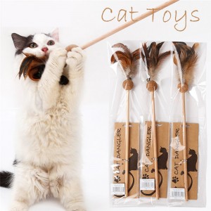 Wooden Cat Feather Teaser Wand Chew Toys