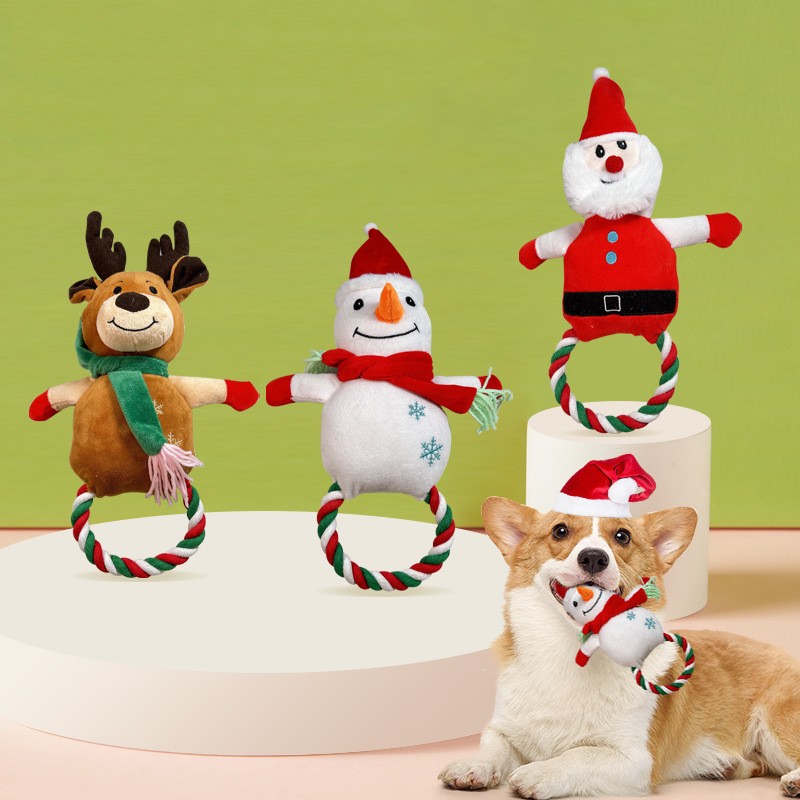 Brinquedo de cachorro com corda de algodão com dentes de pelúcia com som de Natal