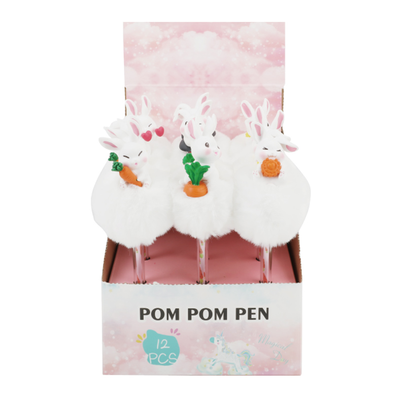 6 Pcs Fancy Design Pink White Pompon Pen Rabbit for Girls